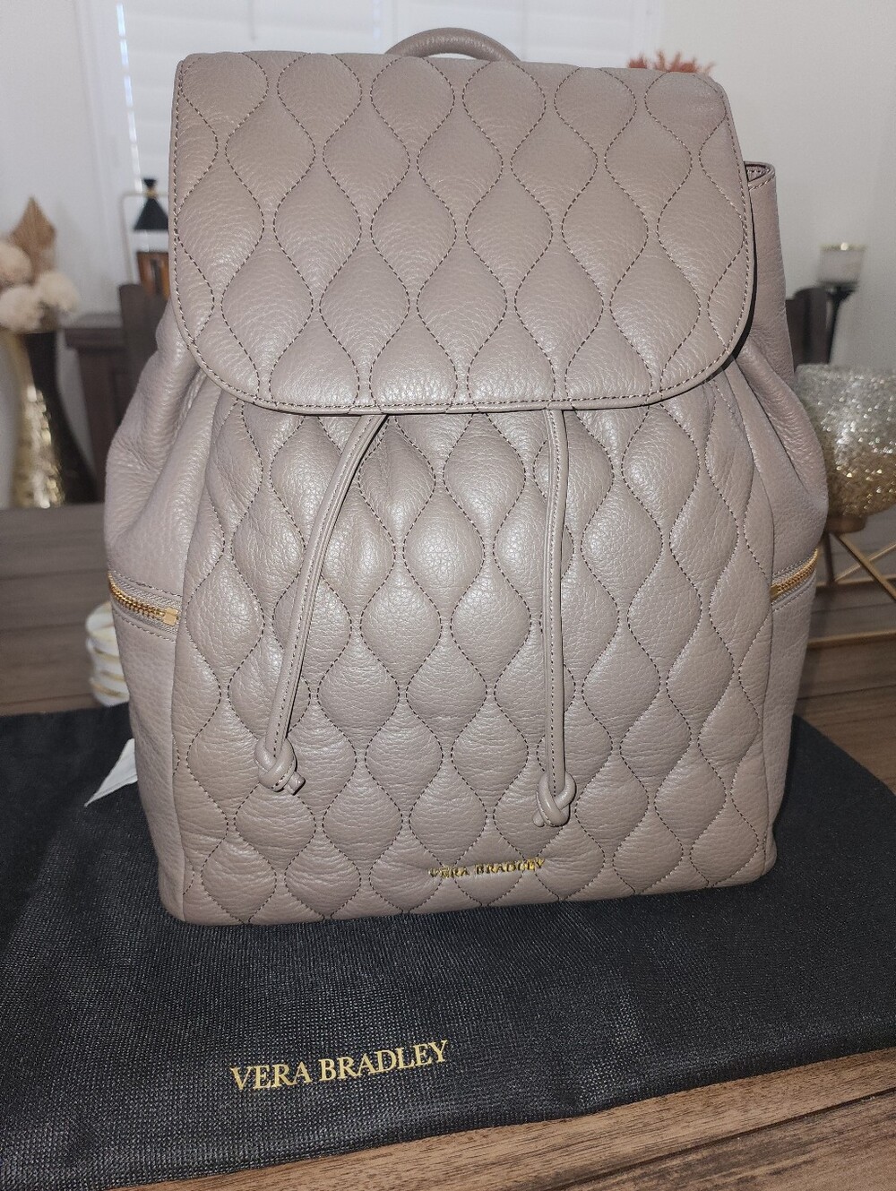 Vera Bradley Quilted Leather Drawstring Backpack - Taupe- NWT